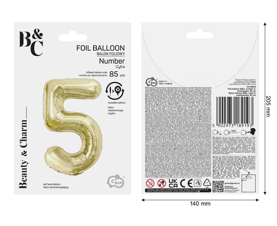 Balon foliowy B&C, cyfra 5, szampańska, 85 cm AA